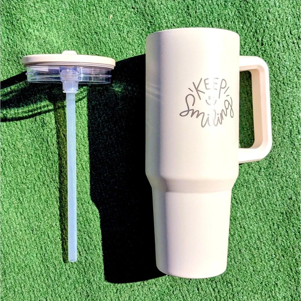 Keep Smiling Etched40oz Pearl Stainless Steel Tumbler Grip Mug Cup+Lid/Straw New